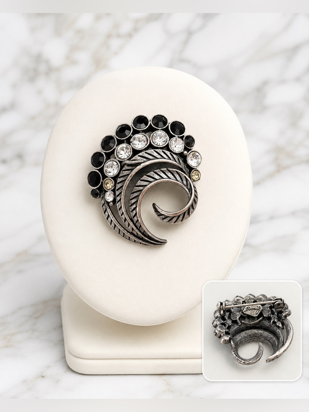 Vintage Bonnie J. Silver Tone Rhinestone Swirl Brooch | Black & Clear Crystals